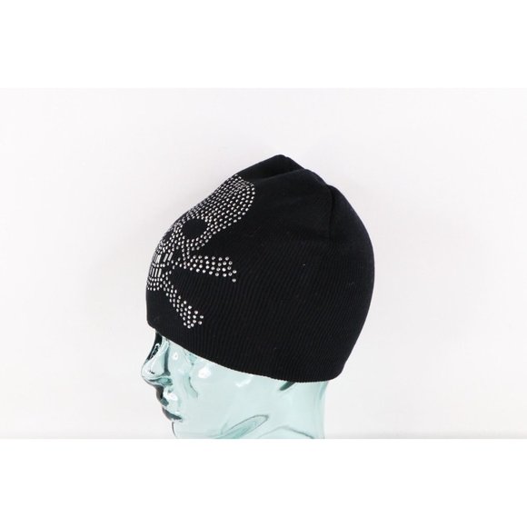 NOS Vintage 90s Streetwear Womens Sequined Skull Knit Winter Beanie Hat Black